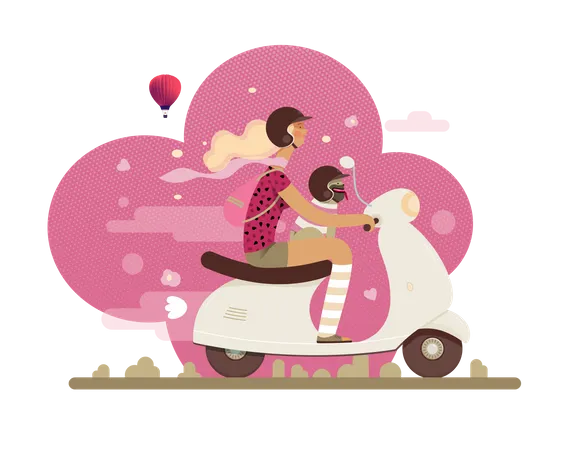 Chica montando scooter con su perro  Ilustración