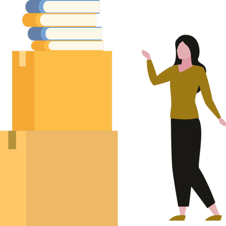 Chica mostrando cajas de cartón de libros.  Ilustración