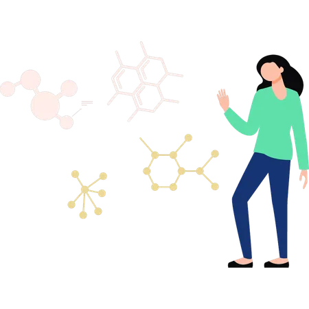 Chica mostrando diferentes moléculas  Ilustración