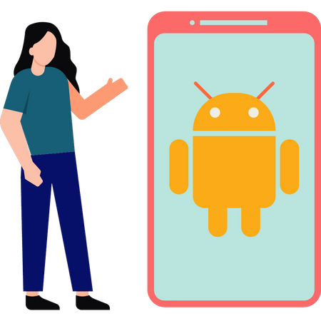 Chica mostrando dispositivo de teléfono Android  Ilustración