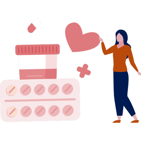 Chica mostrando todos los medicamentos para la diabetes  Ilustración