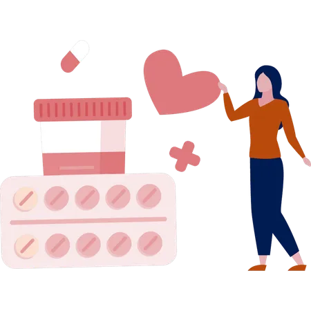 Chica mostrando todos los medicamentos para la diabetes  Ilustración