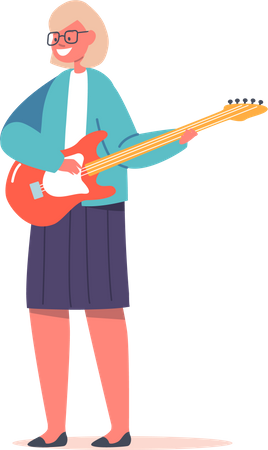 Chica músico tocando guitarra eléctrica en clase en la escuela musical  Ilustración