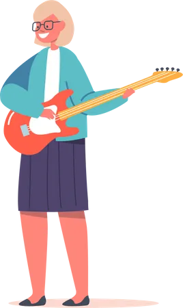 Chica músico tocando guitarra eléctrica en clase en la escuela musical  Ilustración
