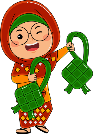 Chica musulmana con ketupat  Ilustración