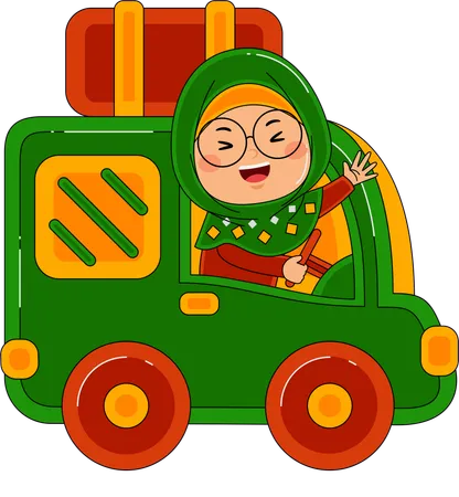 Chica musulmana conduciendo con coche  Ilustración