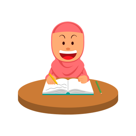 Niña musulmana leyendo un libro y escribiendo en la mesa  Ilustración