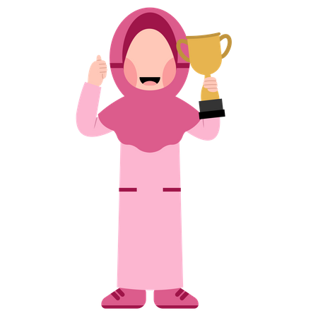 Chica musulmana mostrando el pulgar hacia arriba y el trofeo  Ilustración
