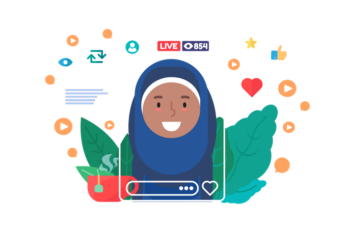 Chica musulmana transmitiendo en las redes sociales  Ilustración