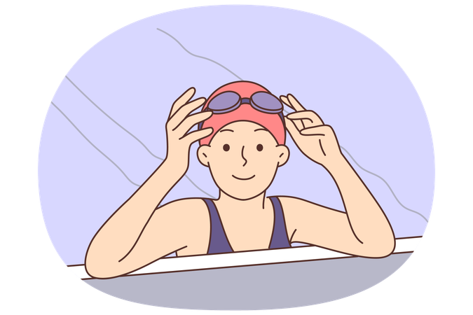 Niña nada en la piscina y se quita las gafas de buceo  Ilustración
