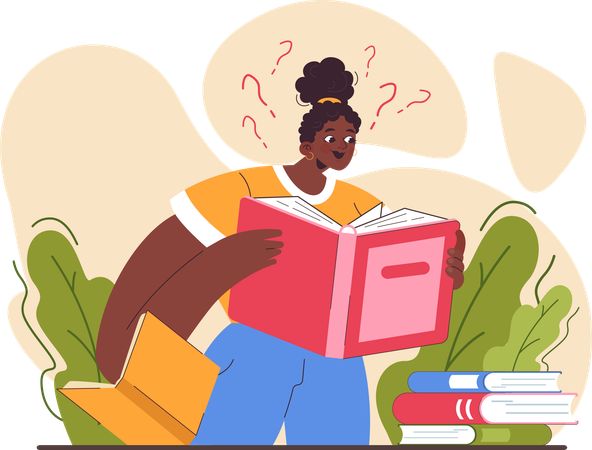 Chica negra leyendo curiosamente un libro  Ilustración