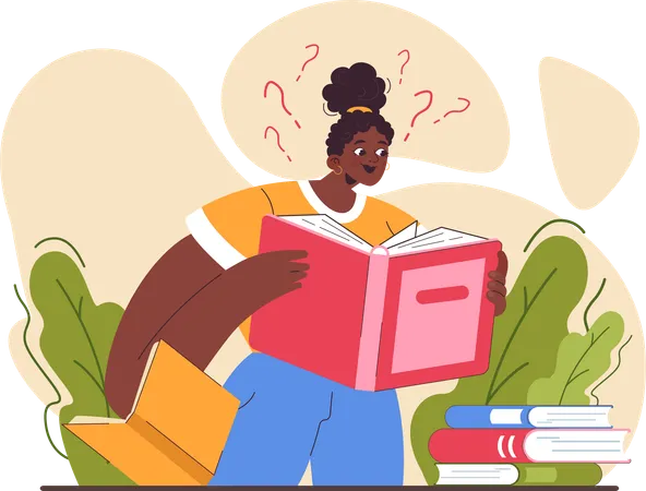 Chica negra leyendo curiosamente un libro  Ilustración