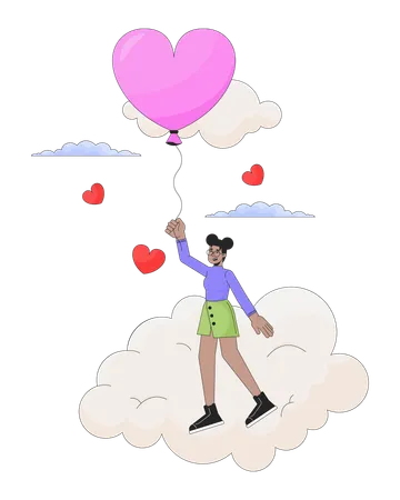 Chica negra volando con globo sobre la nube  Ilustración