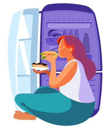 Niña obesa comiendo comida durante la medianoche  Ilustración