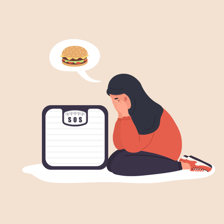 Chica obesa que se siente mal por el antojo de comida rápida  Ilustración