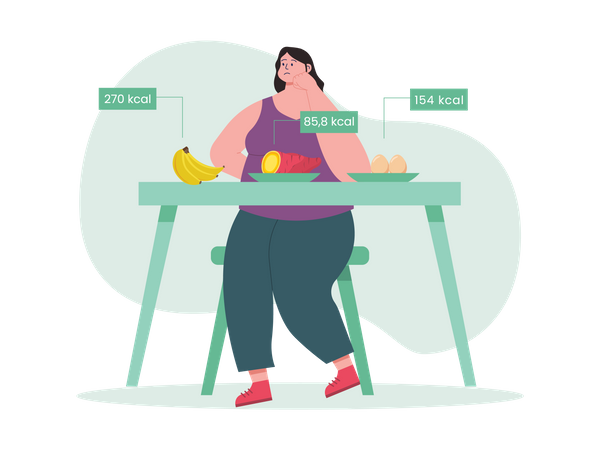 Niña obesa se siente consciente del aumento de peso por comer  Ilustración