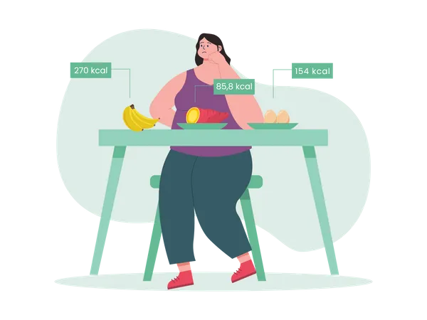 Niña obesa se siente consciente del aumento de peso por comer  Ilustración