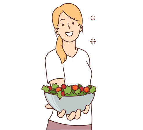 Chica ofreciendo plato de verduras  Ilustración