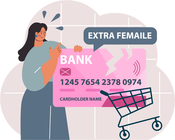 Chica pagando impuestos adicionales sobre compras femeninas usando tarjeta de crédito  Ilustración