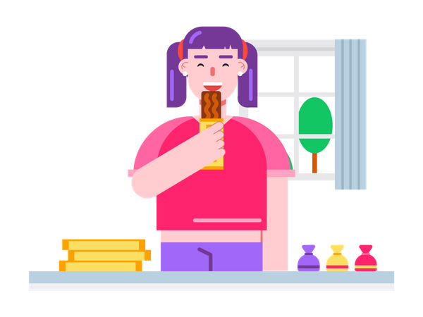 Niña parada cerca de la mesa y comiendo barra de chocolate  Ilustración