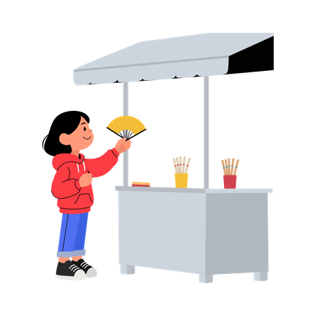 Niña parada cerca de un puesto de comida  Ilustración