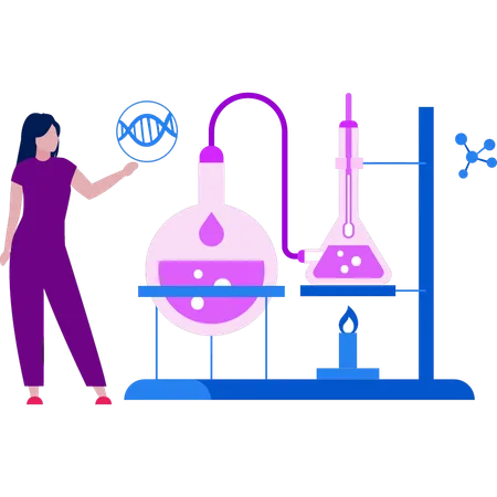 Chica se encuentra junto al soporte del quemador en el laboratorio de ciencias  Ilustración