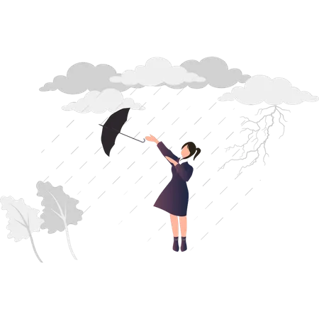 El paraguas de una niña se fue volando debido a la lluvia  Ilustración