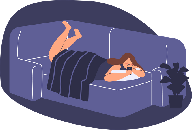 Una joven pasa tiempo tumbada en la cama con un smartphone  Ilustración