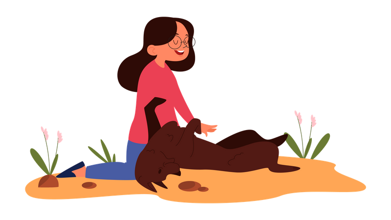 Chica pasando tiempo con perro mascota  Ilustración