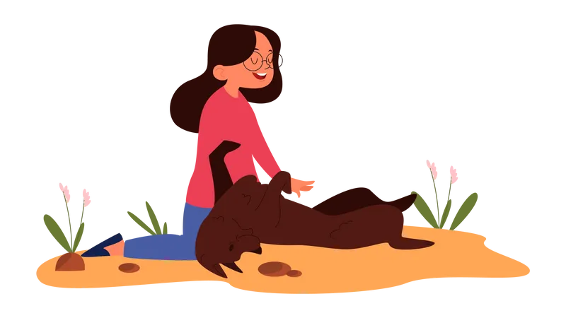 Chica pasando tiempo con perro mascota  Ilustración