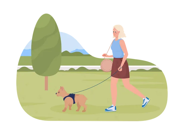 Niña paseando con perro  Ilustración