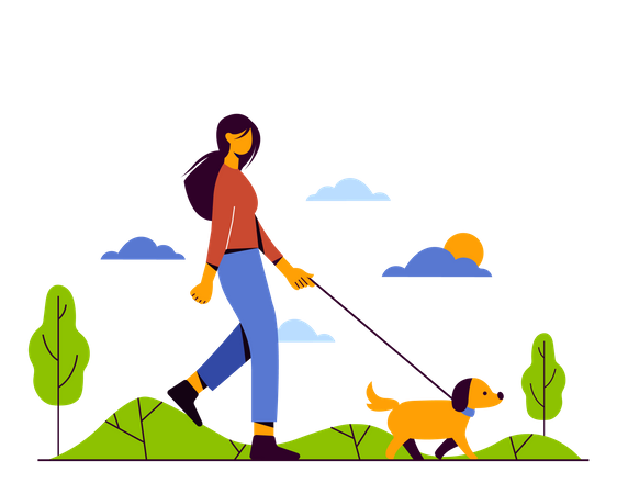 Chica paseando con perro en el parque  Ilustración