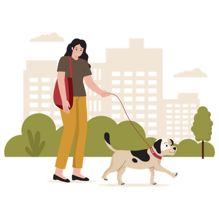 Chica caminando con perro mascota  Ilustración