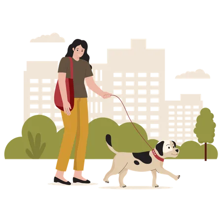 Chica caminando con perro mascota  Ilustración
