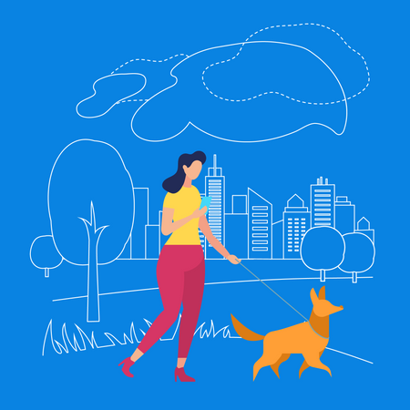 Chica camina con mascota en el parque, verano en la ciudad  Ilustración