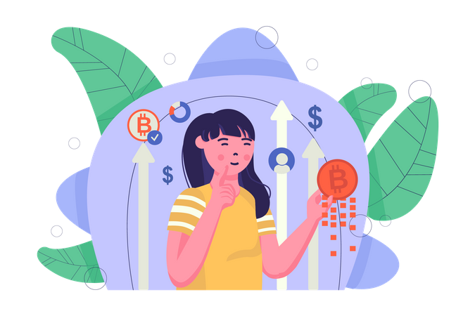 Chica pensando en la inversión en bitcoins  Ilustración