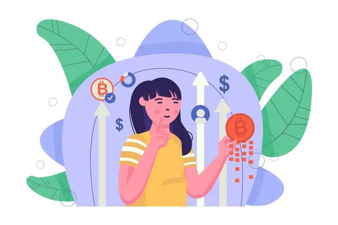 Chica pensando en la inversión en bitcoins  Ilustración