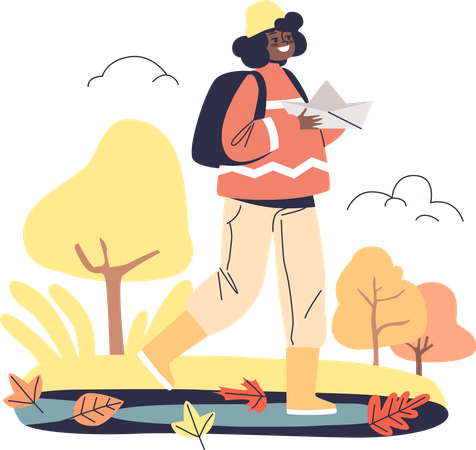 Una niña pequeña lanza un barco de papel en un charco en el parque de otoño  Ilustración