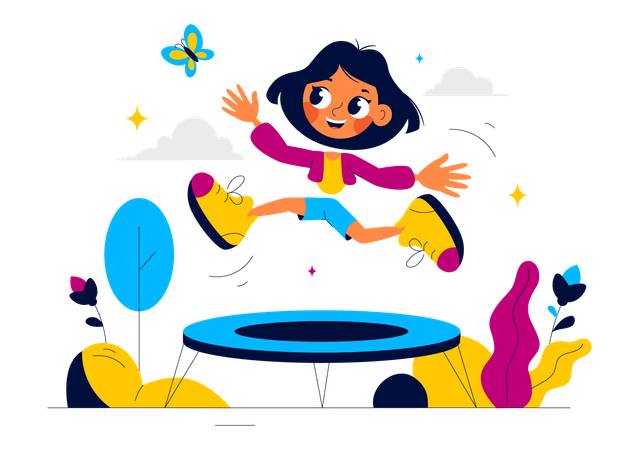 Pequeña niña saltando en trampolín  Ilustración