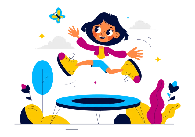 Pequeña niña saltando en trampolín  Ilustración