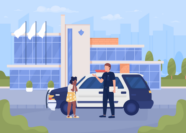 Niña perdida y policía en la calle.  Ilustración