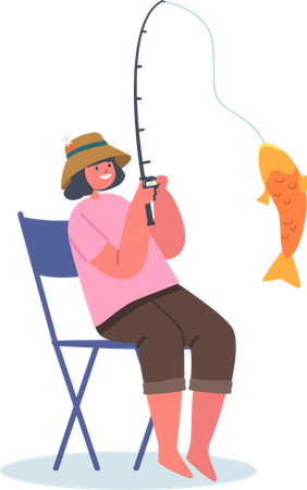 Chica pescando con caña de pescar  Ilustración