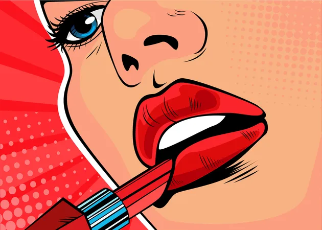 La Chica Se Pinta Los Labios Con Lapiz Labial Rojo La Belleza Del Rostro Maquillaje Ilustracion De Vector De Estilo Comico Retro Pop Art Ilustración