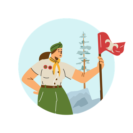Niña pionera izando la bandera del campamento  Ilustración