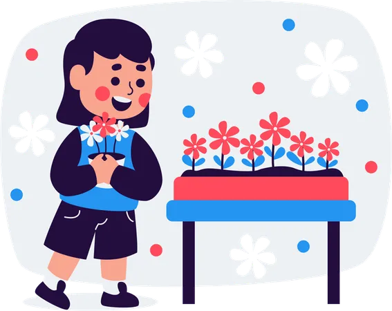 Niña plantando flores  Ilustración