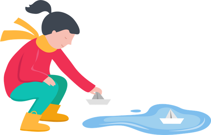Chica poniendo barco de papel en el agua.  Ilustración