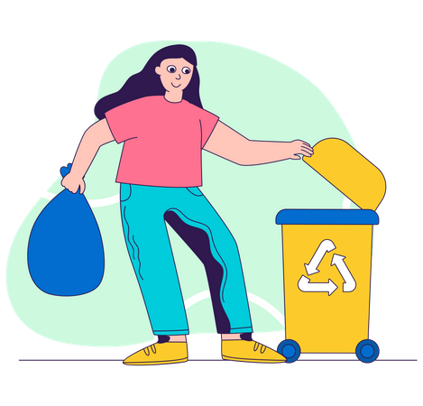 Chica poniendo basura en la papelera de reciclaje  Ilustración