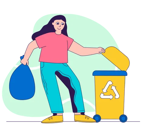 Chica poniendo basura en la papelera de reciclaje  Ilustración