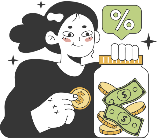 Chica poniendo moneda de un dólar en un tarro de dinero  Ilustración