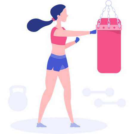 Chica practica con saco de boxeo para hacer ejercicio  Ilustración